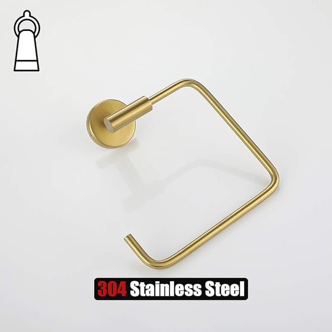JQK Towel Ring Brushed Gold, Stainless Steel Square Ring Towel Holder for Bathroom, 6 Inch Brushed Gold Wall Mount, TR140-BG