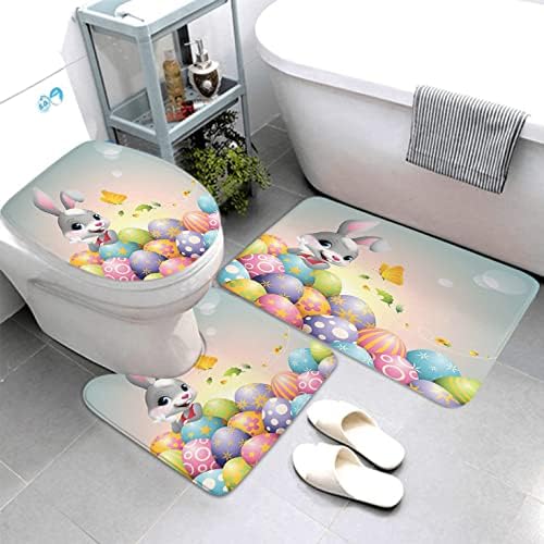 LOKMU 4 Pcs Shower Curtain Sets with Non-Slip Rugs, Toilet Lid Cover and Bath Mat,Cartoon Happy Easter Bunny Egg Waterproof Shower Curtain with 12 Hooks, Bathroom Decor Sets, 72" x 72"