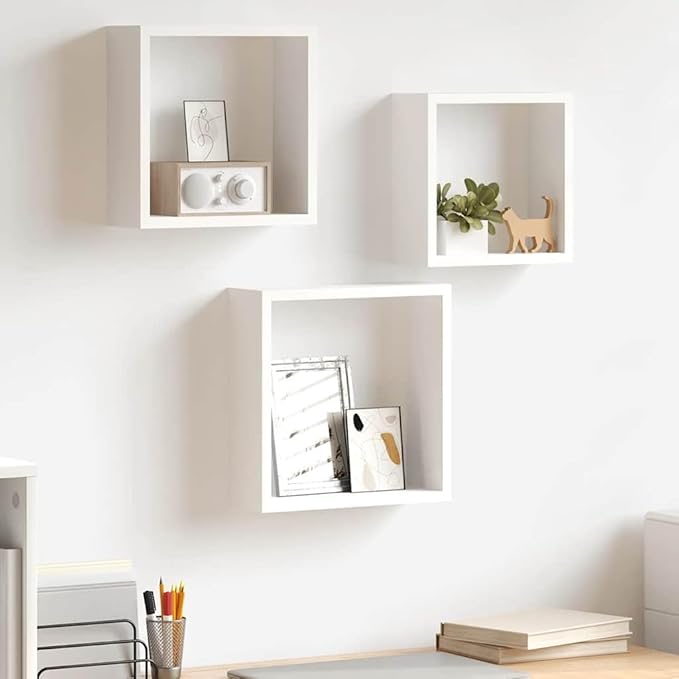 Wall Cube Shelf Set of 3, Decorative Square Floating Shelves for Living Room Bedroom, Modern White MDF Display Wall Mount Storage Organizer, Minimalist Home Decor