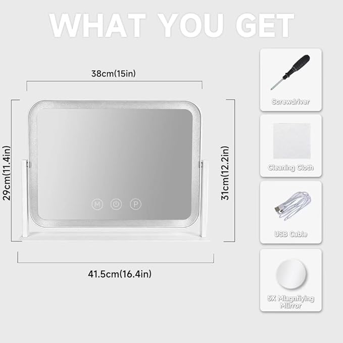 Vanity Mirror with LED Lights, 16.4x12.2 Inch Makeup Mirror, 3-Color Dimmable Touch Screen, 5X Magnification, 360° Rotation, Large Tabletop Mirror for Bedroom Vanity