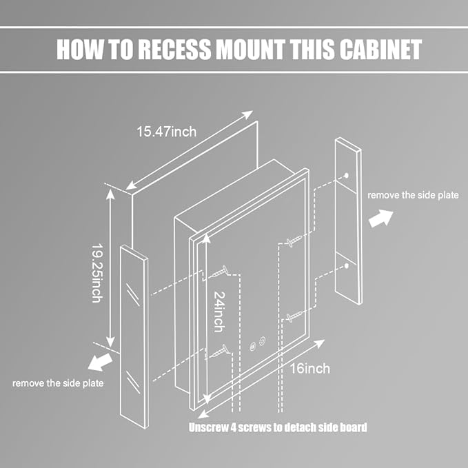 LED Medicine Cabinet,16x24inch,Recess Mirror Cabinet for Bathroom,3 Color,Dimmable,Demister, Detachable Side Panel for Recess Mount or Surface Mount,USB Shaver Socket, Internal Lighting