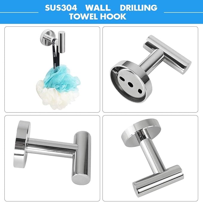 TocTen 5 PCS Bathroom Hardware Set SUS304 Stainless Steel-Towel Rack Set Include Lengthen Hand Towel Bar+Toilet Paper Holder+3 Robe Towel Hooks Bathroom Accessories Towel Bar Set(Polished Chrome,16IN)