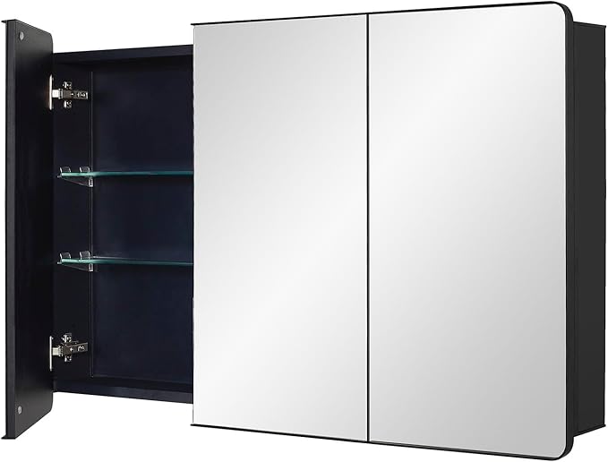 IDYLLOR Black Bathroom Medicine Cabinet with Round Corner Framed Door, 40 x 25.5 inch, Recessed or Surface Mount, with Adjustable Glass Shelves