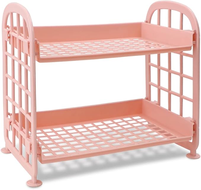 Desktop Rack Cosmetic Stationery Storage Holder, 2-Tier Multifunctional Plastic Shelf Makeup Organizer for Skincare Office Kitchen Bedroom Bathroom Home (Pink)