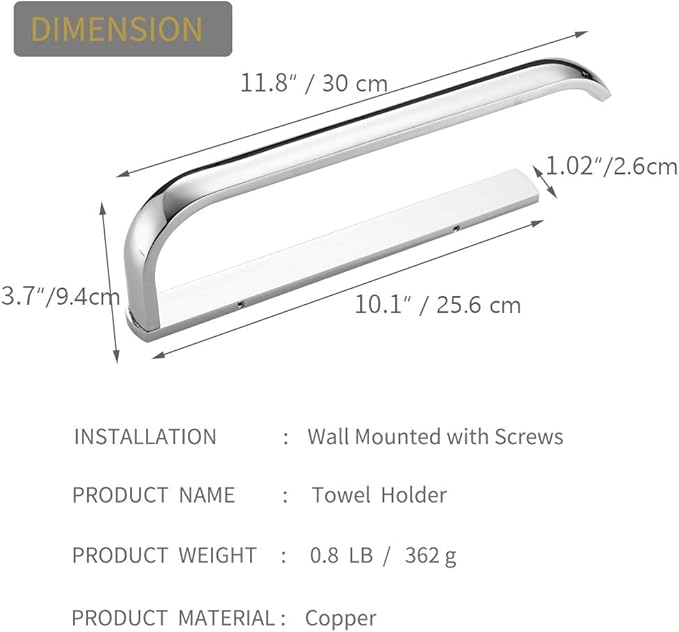 BESy Brass Hand Towel Bar for Bathroom Polished Chrome Bathroom Accessories Fixtures, Rustproof Wall Mounted Towel Rack Hanger, 12 Inch