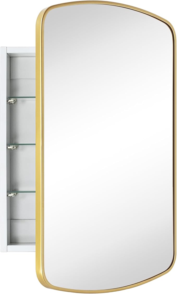 Brushed Gold Arched Recessed and Surface Mount Bathroom Medicine Cabinet with Mirror Metal Framed Rectangular Bathroom Cabinet with 3 Tempered Glass Adjustable Shelves 18x27''