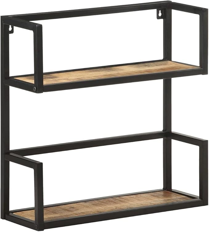 Rustic Wall Shelf with Black Metal Frame 23.6 Inch Floating Shelves for Living Room Bedroom Storage Organizer, Natural Mango Wood Bookshelf with Unique Wood Grain
