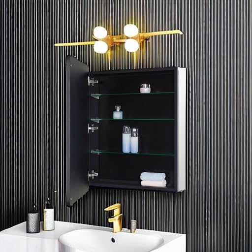 IDYLLOR Black Bathroom Mirror Medicine Cabinet with Round Corner Framed Door 24 x 30 inch, Recessed or Surface Mount, with Adjustable Glass Shelves