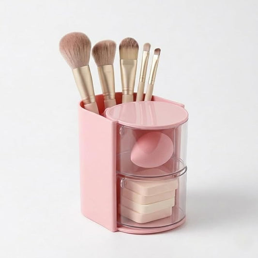 2-Layer (pink) Clear Hair Accessories Organizer,with Hair Brushes Holder Rotatable Small Jewelry Box for Hair Clip, Earring Necklaces, Makeup Brush, Hair Accessories.