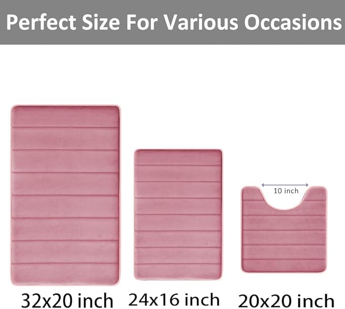 Pink Memory Foam Bath Mat Set, Bathroom Rugs for 3 Pieces, Toilet Mats, Soft Comfortable, Water Absorption, Non-Slip, Thick, Machine Washable, Easier to Dry for Floor Mats Pink Bathroom Sets