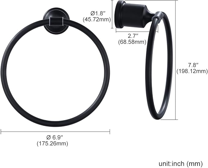 WOWOW Hand Towel Rings for Bathroom Wall - Matte Black Towel Ring Racks for Bathroom Wall Towels Holder, Heavy Duty Round Ring Holder Stainless Steel Black Hand Towels Holder Bar for Bathrooms Mounted
