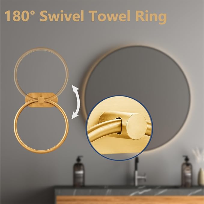 Self Adhesive Towel Ring and Toilet Paper Holder, No Drilling Stainless Steel Bathroom Hardware Set, Sturdy Bathroom Accessories for Home or Kitchen, Wall Mounted (Gold)