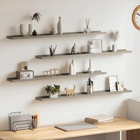 Set of 4 Wall Shelves, 39.4 Inch Long Floating Shelf for Living Room, Modern Matte Concrete Grey MDF Decorative Display Ledge for Bedroom, Wall Mounted Storage
