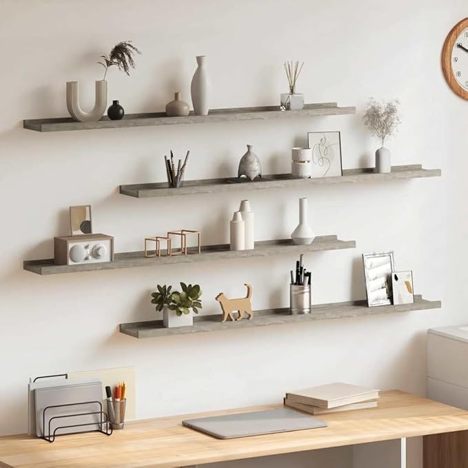 Wall Shelf Set of 4, 39.4 Inch Long Floating Shelves for Living Room Bedroom, Modern Concrete Grey MDF Display Ledges for Books Photos Decor, Space-Saving Wall Storage
