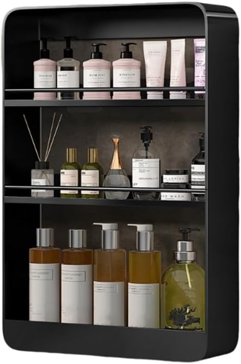 Multi-Layer Wall Mounted Bathroom Shelves, Punch-Free Makeup Organizer, Metal Wall Hanging Spice Rack, Multifunctional Wall Shelves for Kitchen, Bathroom or Living Room(Black,Medium)