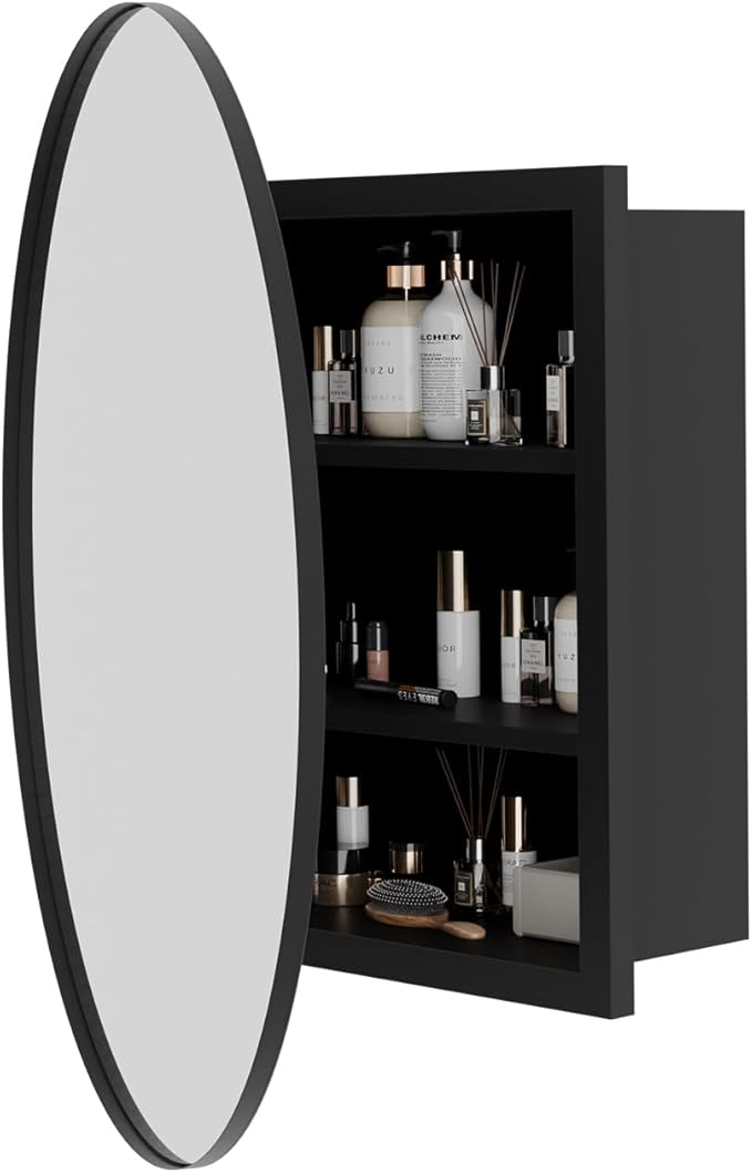 Round Bathroom Medicine Cabinet with Mirror,Wall Mounted Vanity Mirror with Adjustable Shelves Metal Storage Cabinet for Bathroom Bedroom (No Assembly Required) Black 20.5 * 20.5''