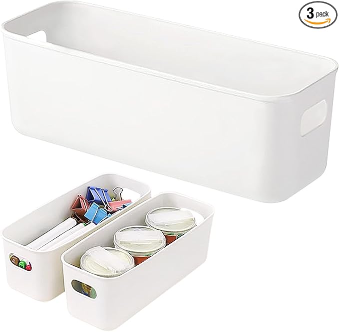 3 Pack White Storage Bin, 10" Long Bathroom Organizing Bins, Plastic Organizer Bins with Handles for Vanity, Pantry, Shelves