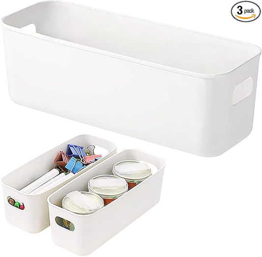 3 Pack White Storage Bin, 10" Long Bathroom Organizing Bins, Plastic Organizer Bins with Handles for Vanity, Pantry, Shelves