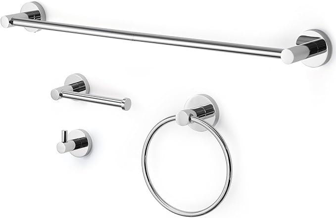 Bathroom Hardware Set 4 Piece – 24 Inch Towel Bar Set,Rustproof Stainless Steel Bathroom Accessories Kit with Towel Ring, Toilet Paper Holder & Robe Hook, Wall Mounted Bathroom Fixtures Set