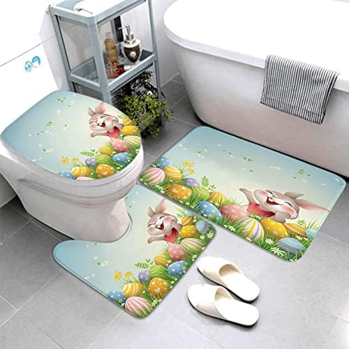 LOKMU 4 Pcs Shower Curtain Sets with Non-Slip Rugs, Toilet Lid Cover and Bath Mat,Cartoon Happy Easter Bunny Egg Waterproof Shower Curtain with 12 Hooks, Bathroom Decor Sets, 72" x 72"