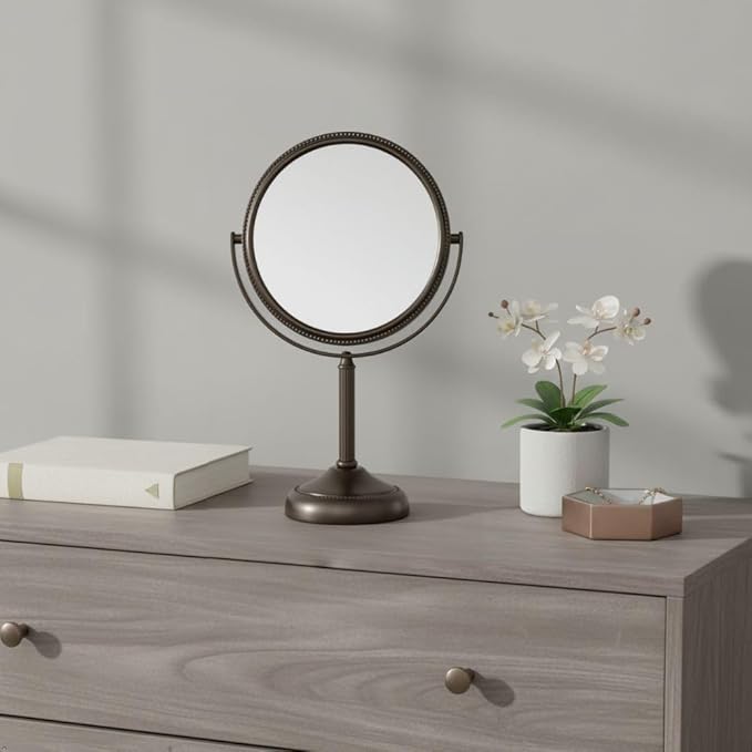 JERDON Two-Sided Tabletop Makeup Vanity Mirror - 10X-1X Magnification & Swivel Design - 6-Inch Diameter Portable Mirror - Bronze Finish - Model JP910BZP