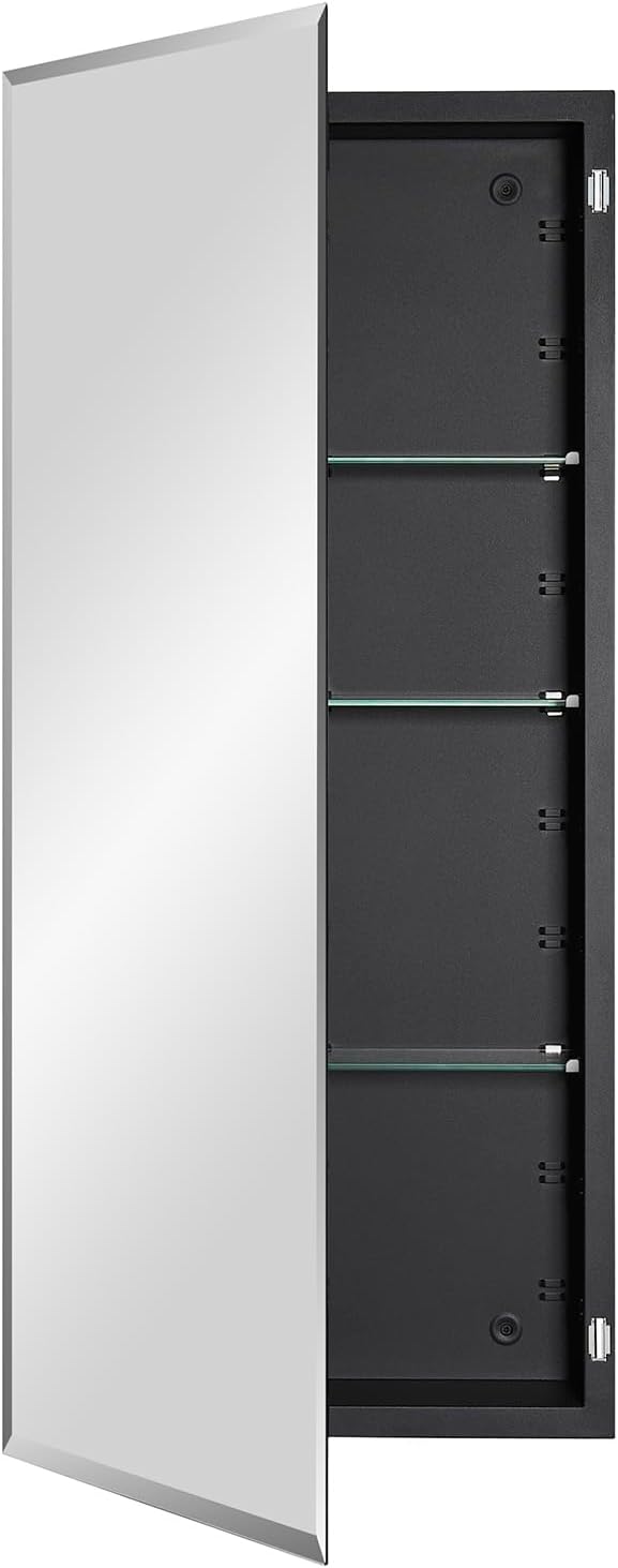 IDYLLOR Black Bathroom Medicine Cabinet with Beveled Edge Mirrored Door 16 x 36 inch, Recessed or Surface Mount, with Adjustable Glass Shelves