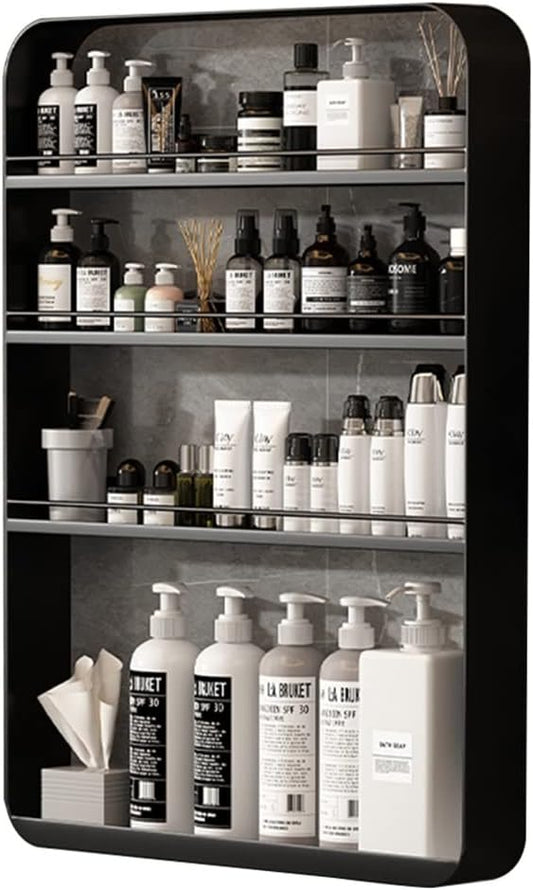 Punch- Bathroom Shelf, Wall-Mounted Makeup Organizer, Cosmetic Storage Rack, Multi-Layer Large Capacity, 10kg Load-Bearing,Black-50 * 70cm