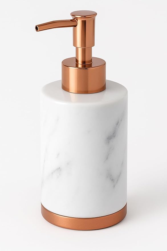 4 Piece Ceramic Bathroom Accessories Set - MARBLE Look Rose Gold White - Our Complete Bath Decor Kit Includes Designer Soap or Lotion Dispenser - Toothbrush Holder - Tumbler - Soap Dish (Marble White)