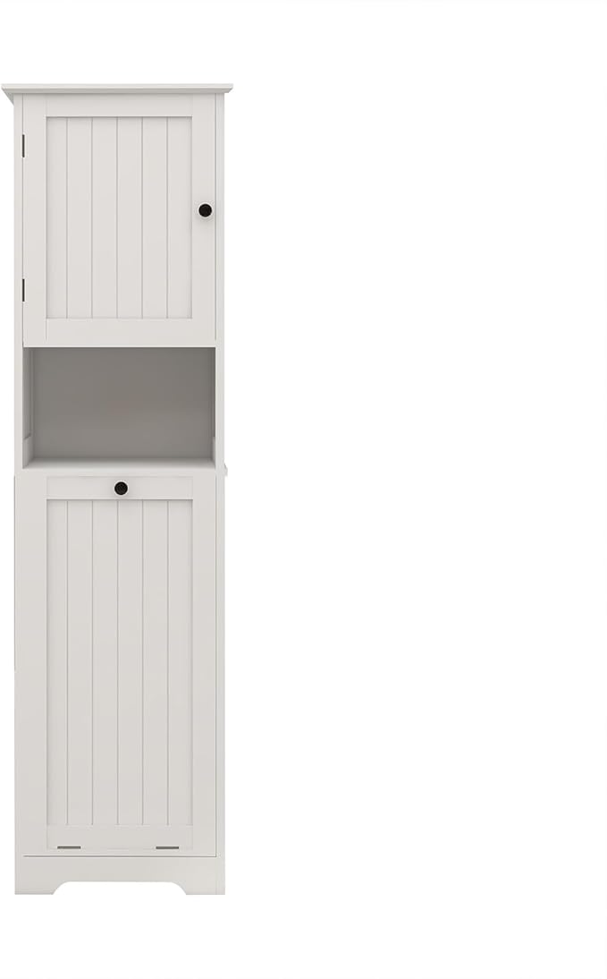 Locsear Tilt Out Laundry Hamper Cabinet, 55" Tall Bathroom Storage Cabinet Laundry Cabinet with Shelves and Clothes Basket, Hamper Cabinet Shelf for Laundry Room Bathroom Organizer, White