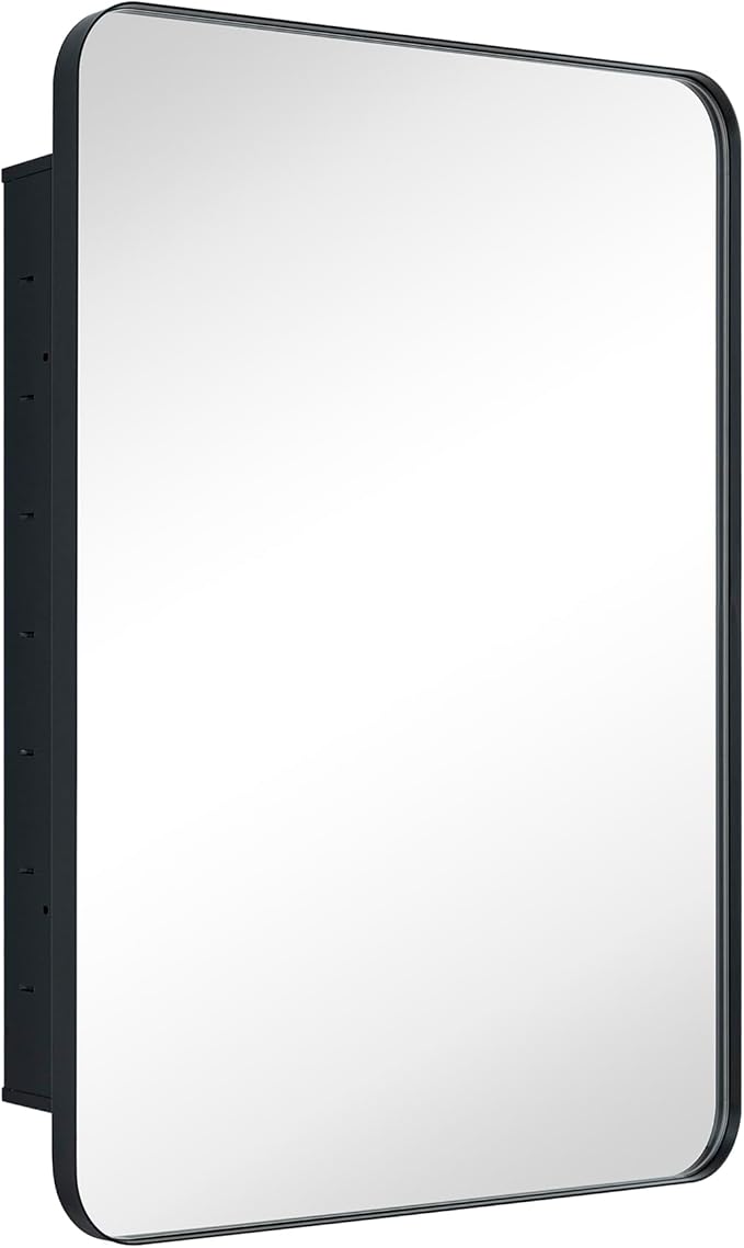 Matt Black Rectangle Recessed Bathroom Medicine Cabinet with Mirror Stainless Steel Metal Framed Rounded Rectangular Bathroom Cabinet with Mirror 24x30''