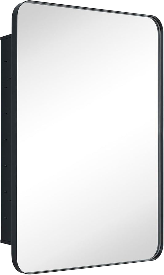Matt Black Rectangle Recessed Bathroom Medicine Cabinet with Mirror Stainless Steel Metal Framed Rounded Rectangular Bathroom Cabinet with Mirror 24x30''