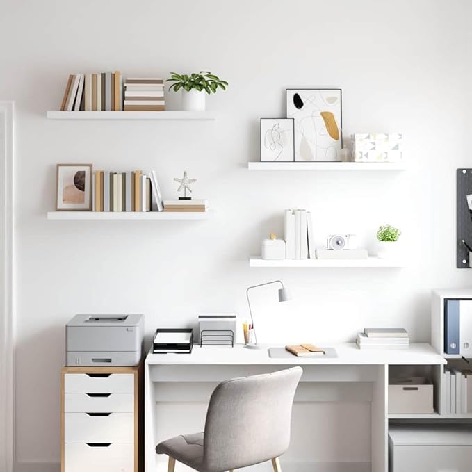 Set of 4 Floating Wall Shelves, 35.4-Inch Modern Rectangular Shelving Units for Bedroom, Living Room and Office, Durable MDF Wall-Mounted Storage Organizers, White