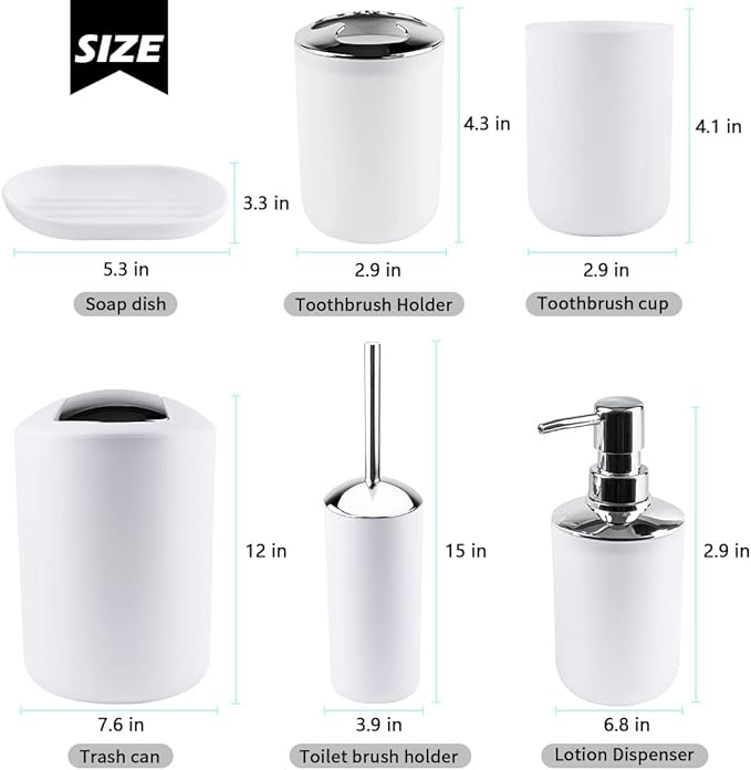 Papillon 6-Piece Bathroom Organization Set, Toothbrush Holder with Cup, Soap Dispenser & Dish, Toilet Brush, Trash Can, Tumbler Set (White)