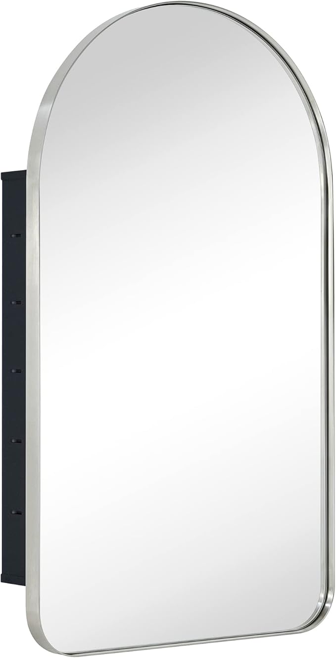 Brushed Nickel Arched Recessed Bathroom Medicine Cabinet with Mirror Stainless Steel Metal Framed Rectangular Bathroom Cabinet with Mirror 16x28.3''