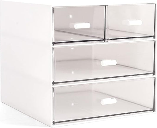 Makeup Organizer, Desk Organizer with 4 Drawers, Sundries Storage，Vanity Organizer, Cosmetic Storage Organizer, Desk Storage Box, Bathroom Counter or Dresser, White QBH-4CT-1