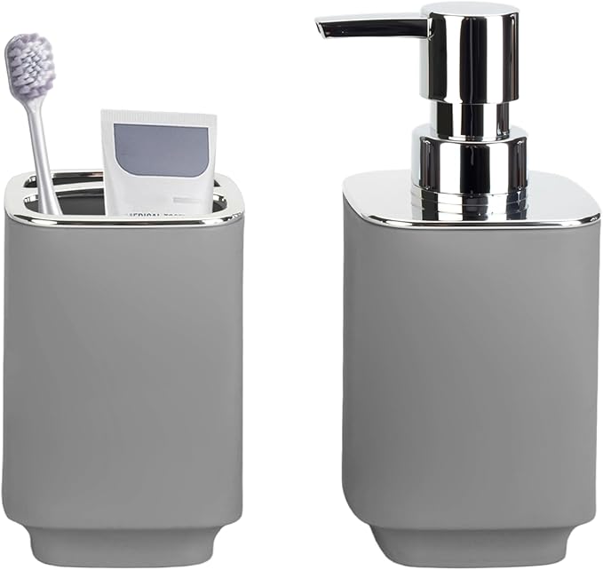 Grey Bathroom Accessories 2 Pieces, Soap Dispenser and Toothbrush Holder Set for Boho Bathroom
