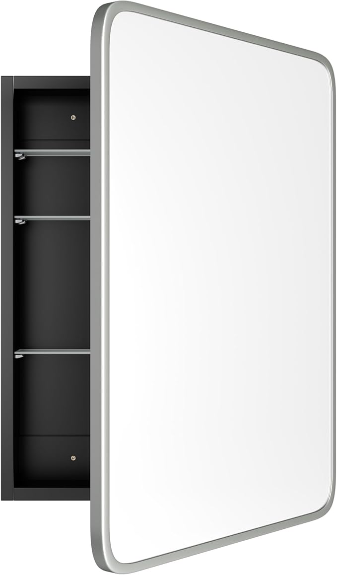 AGDULL Bathroom Wood Black Cabinet with 20''x30'' Brushed Nickel Metal Frame Curved Mirror, Recessed Medicine Cabinet, Bathroom Storage Cabinet