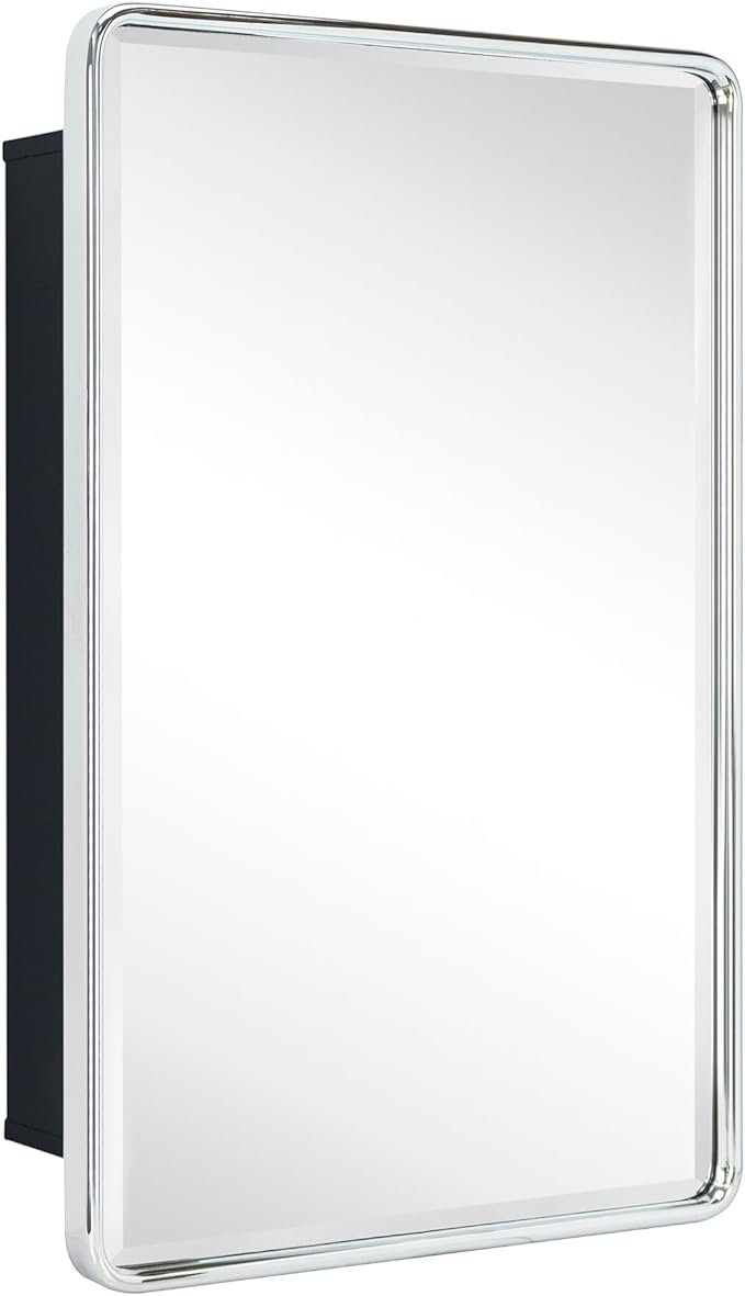 TEHOME Surface Mount 16x24 Polished Nickel Bathroom Medicine Cabinet with Mirror Metal Framed Rounded Rectangle Medicine Cabinet with Beveled Mirror