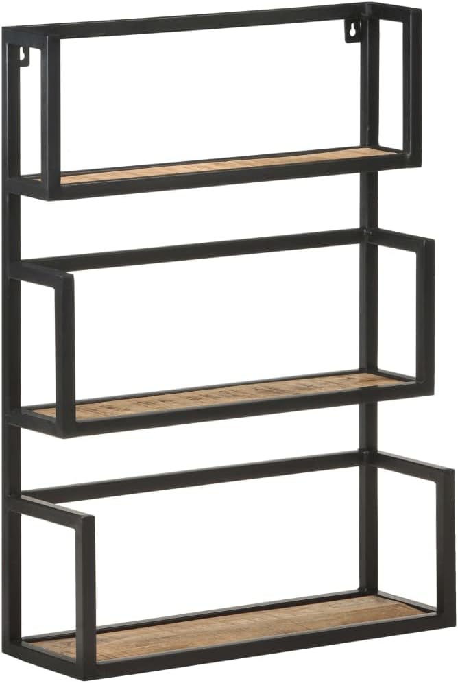 Rustic Wall Shelf with Iron Frame, 3-Tier Mango Wood Floating Shelves 23.6x7.9x33.5 Inches, Natural Wood Grain for Living Room, Bedroom, Bathroom Decor, Sturdy Storage for Books and Plants