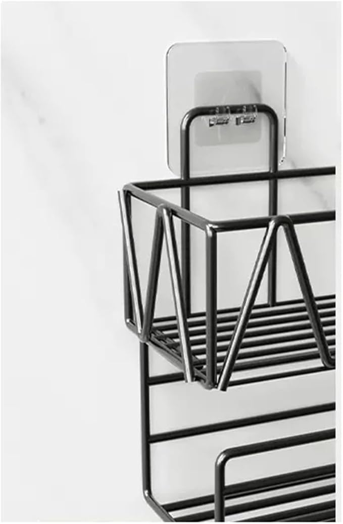Bathroom Shelves Toilet Wall Storage Rack Washstand Double Layer Cosmetic Storage Rack with Tissue Holder and Hook Wall Mounted Metal Storage Rack Without Punching Wall Mounted Shelf(Black)