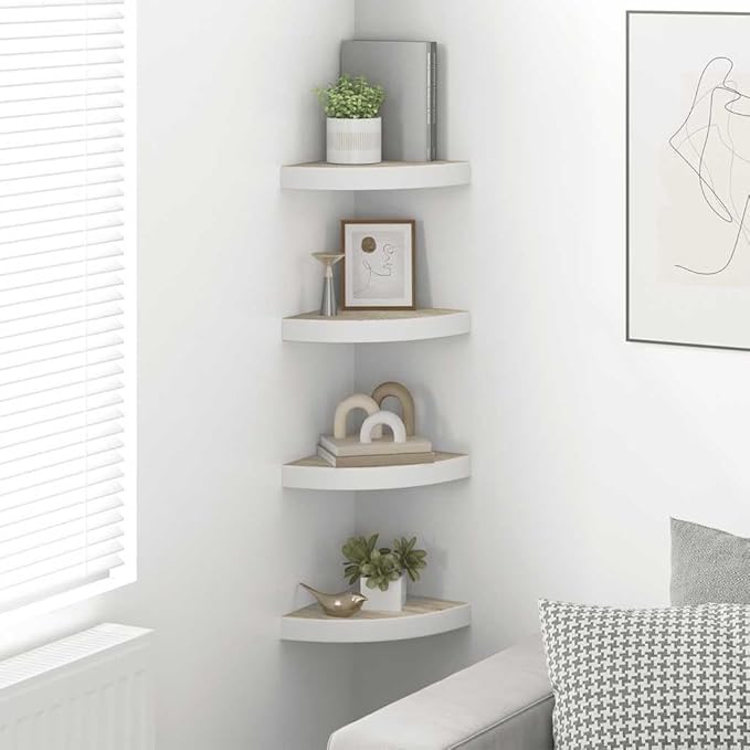 Wall Corner Shelf Set of 4, Floating Shelves for Bedroom Living Room, Modern Oak and White Honeycomb MDF Wood Corner Shelving Unit for Home Decor