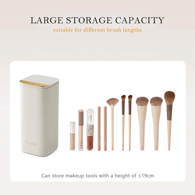 Makeup Brush Holder with Lid, Push Pop-Up Makeup Brush Organizer,4 Slots Makeup Cosmetics Organizerfor Vanity Decor, Bathroom Countertop ,Large Capcity, Dustproof,Waterproof | White and Gold