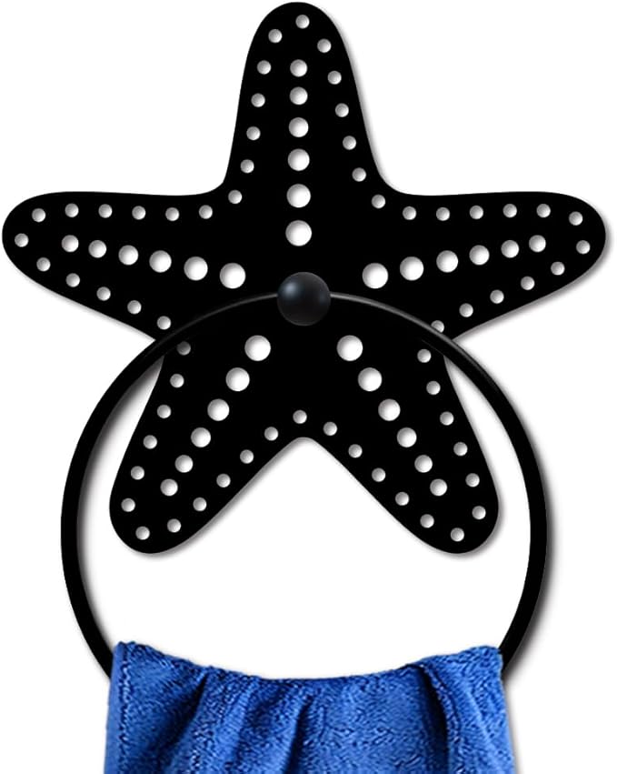 MAYJOYDIY Starfish Metal Towel Ring Summer Ocean Theme Towel Holder Polka Dot Starfish Wall Decor Towel Hanger Black Art Towel Rack Wall Mounted for Bathroom Kitchen Home Decors Gift