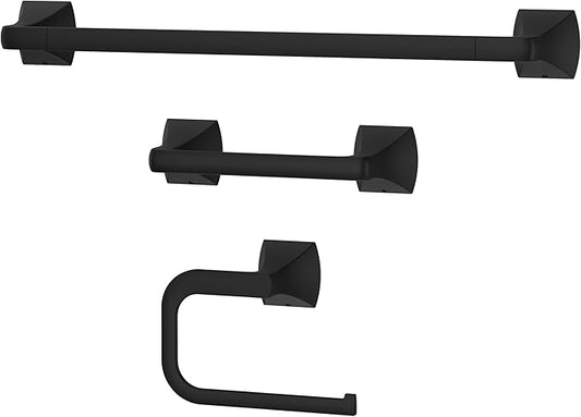 Pfister Bruxie 3-Piece Bathroom Hardware Set with Towel Bar, Towel Ring, and Toilet Paper Holder, Wall-Mounted, Matte Black Finish, BTBBIE3B