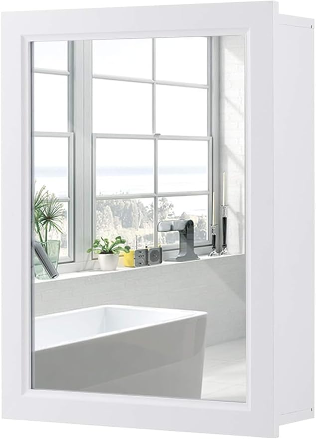 FUTADA Bathroom Medicine Cabinet with Mirror, Wall-Mounted Storage Organizer, Adjustable Shelf & Single Door, Modern Mirror Cabinet for Living Room, Bedroom, Hallway (White)