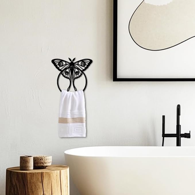 MAYJOYDIY Insects Metal Towel Ring Round Luna Moth Hand Towel Holder Ring Hanger Black Vintage Towels Wall Organizer for Kitchen Bath Home Laundry Room Decors Gifts