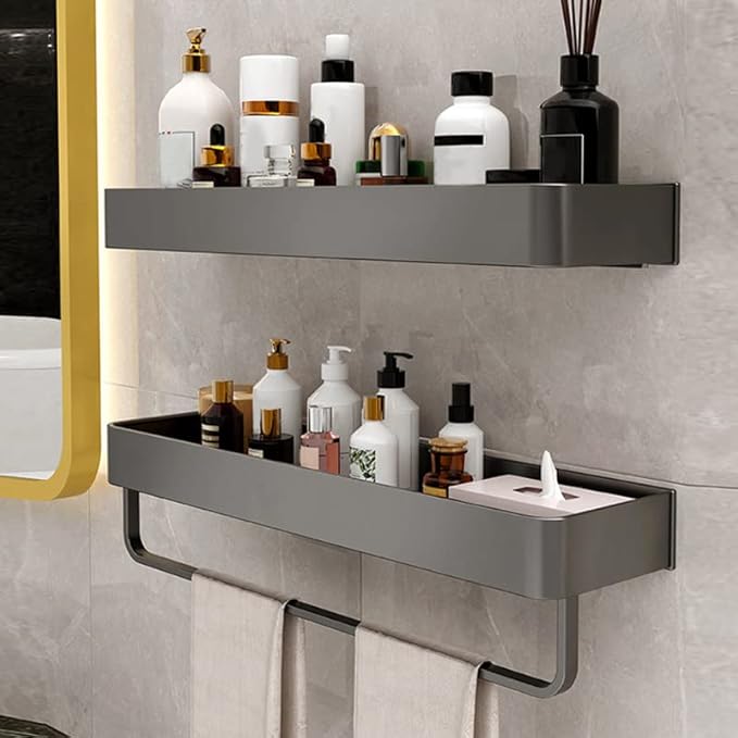 Keenso Gray Space Aluminum Bathroom Shelf, Wall Mounted Storage Rack, Drain, Hollow Design, Large Capacity, 30cm (Single Layer)