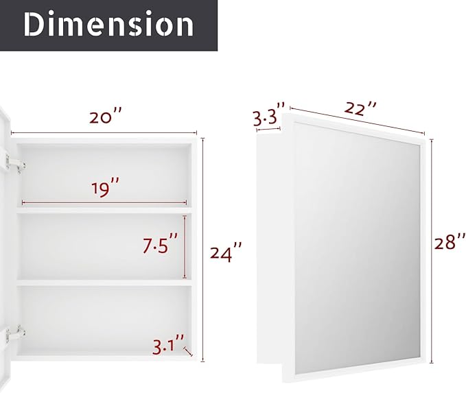 H & A Medicine Cabinet Bathroom Mirror, 28''x22'' Farmhouse Wood Frame Bathroom Medicine Cabinet with Mirror, Vanity Mirrors Recess or Surface Mounted Installation (White-28x22'')