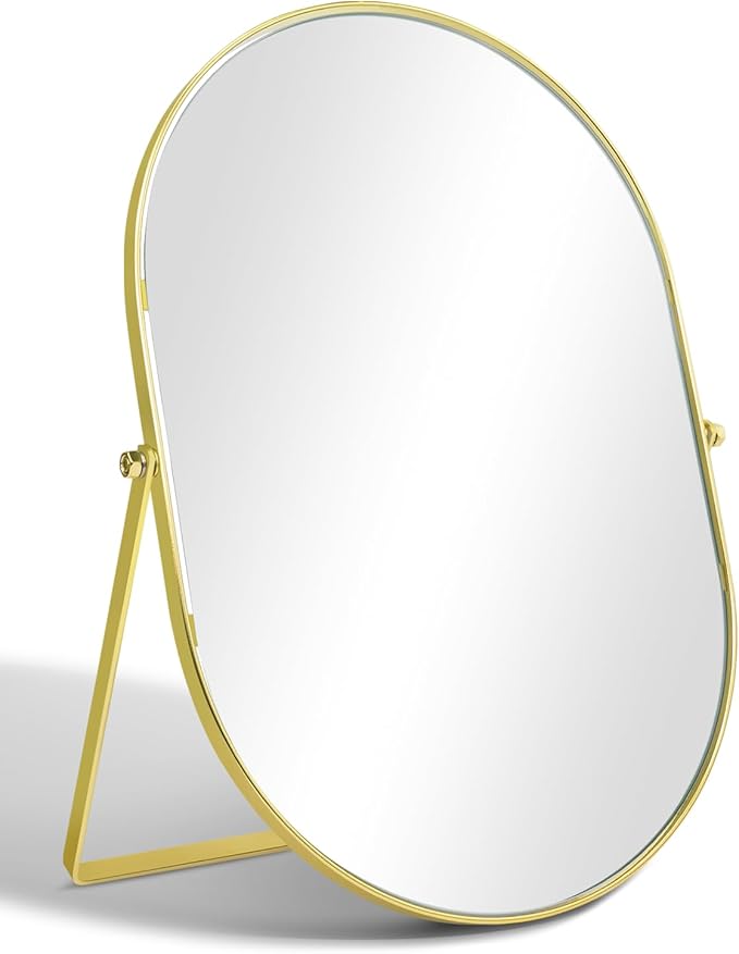 Vanity Desk Table Mirror, Adjustable Rotation Oval Tabletop Standing Makeup Mirror with Metal Framed for Living Room, Bedroom, Bathroom, Gold