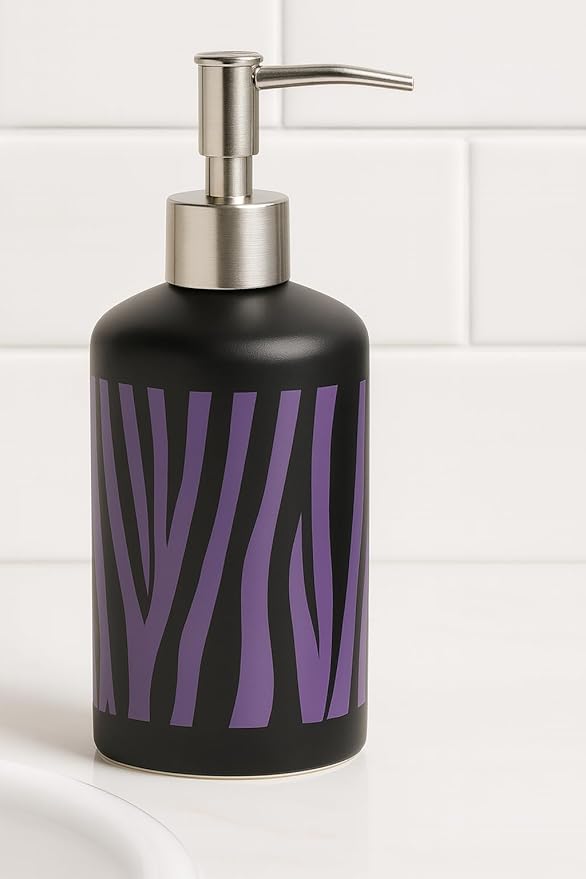 4 Piece Ceramic Bathroom Accessories Set - Purple Black Zebra Animal Print - Complete Bath Decor Kit Includes Designer Soap or Lotion Dispenser - Toothbrush Holder - Tumbler - Soap Dish (Purple Zebra)